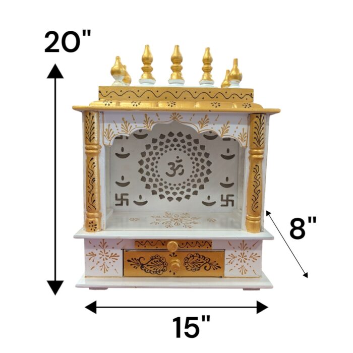 Wooden Mandir for Home | White with Golden Hue | Om LED Back panel