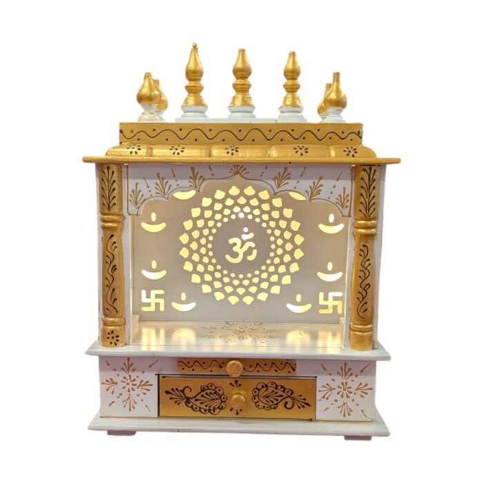 Wooden Mandir for Home | White with Golden Hue | Om LED Back panel