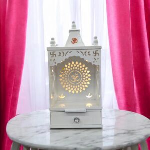 Wooden Puja Mandir for Home | White MDF with LED Backlit Panel