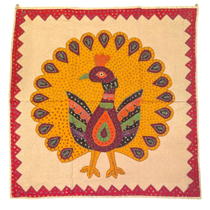 Cotton Tapestry Peacock Vintage Embroidery - Orange - Image 1