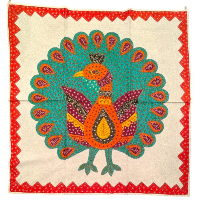 Cotton Tapestry Peacock Vintage Embroidery - Green - Image 1