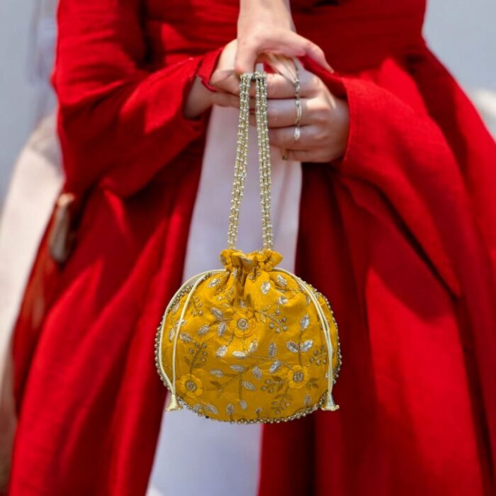 Designer Floral Potli Bag - Yellow - Image 1