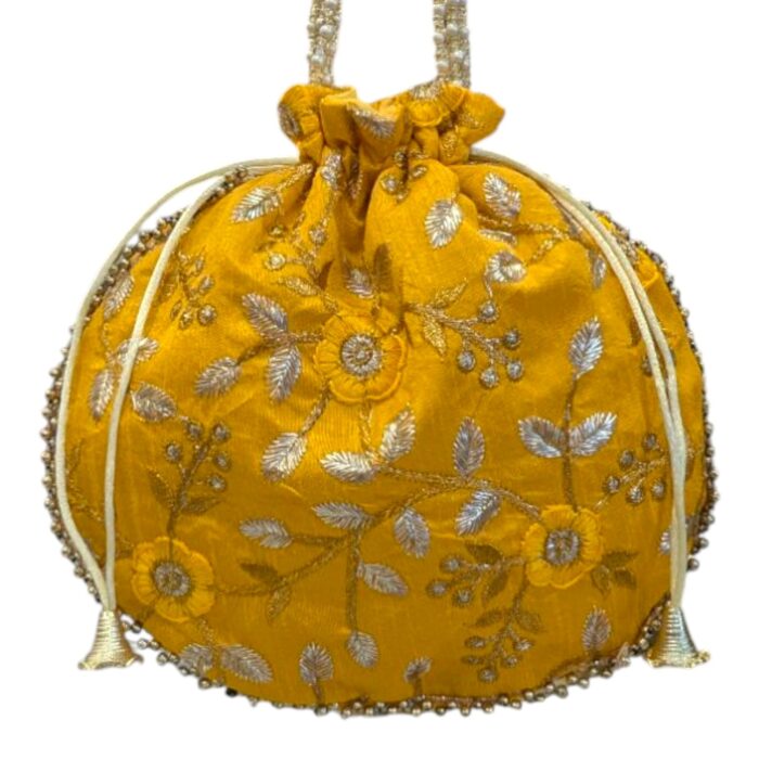 Designer Floral Potli Bag - Yellow - Image 3