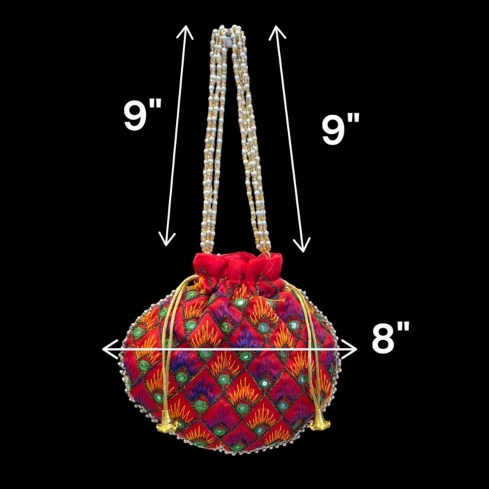 Designer Floral Potli Bag - Red - Image 3