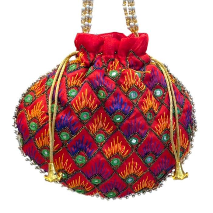 Designer Floral Potli Bag - Red - Image 2