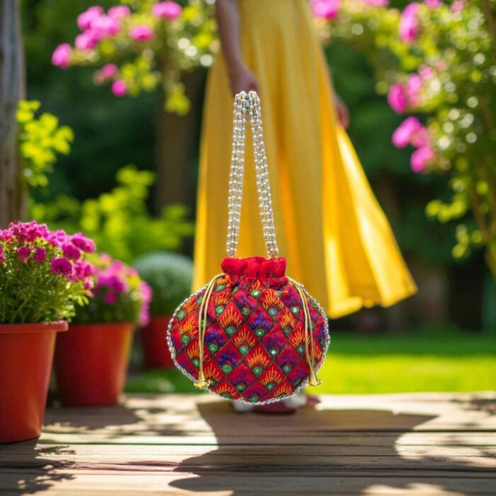 Designer Floral Potli Bag - Red - Image 1