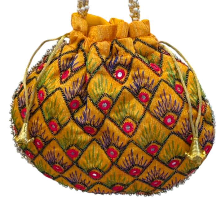 Designer Floral Potli Bag - Mustard - Image 2