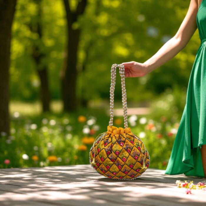 Designer Floral Potli Bag - Mustard - Image 1