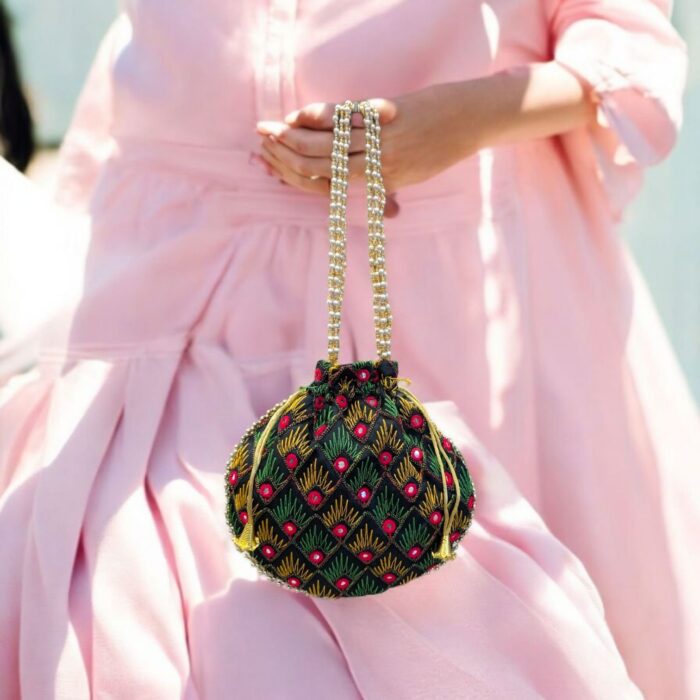 Designer Floral Potli Bag - Black - Image 1