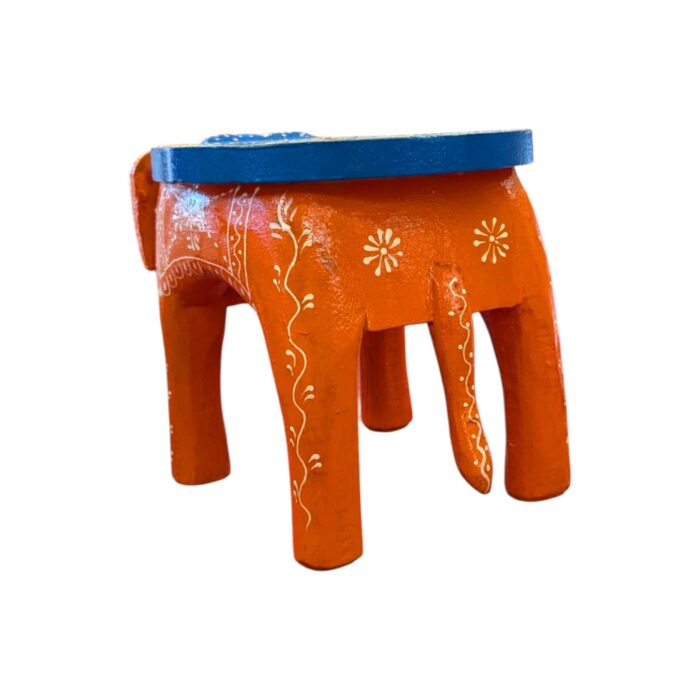 Hand Painted Elephant Wooden Stool Showpiece - Orange - Image 5