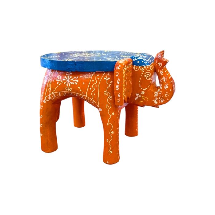 Hand Painted Elephant Wooden Stool Showpiece - Orange - Image 3