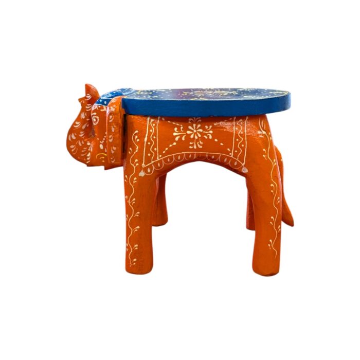 Hand Painted Elephant Wooden Stool Showpiece - Orange - Image 6