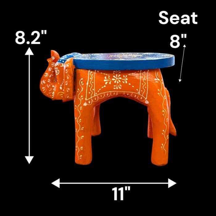 Hand Painted Elephant Wooden Stool Showpiece - Orange - Image 2