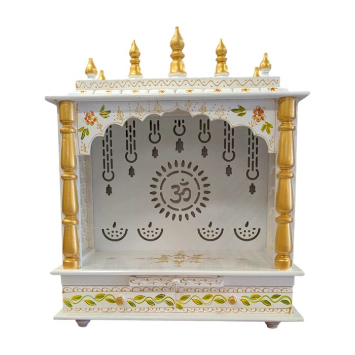 Wooden mandir with drawers and led back panel