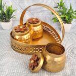 3 Metal Jar set with heart shaped tray for serving dry fruits