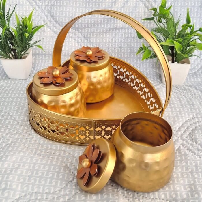 3 Metal Jar set with heart shaped tray for serving dry fruits