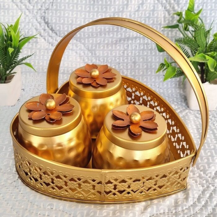 3 Jar set with heart shaped metal tray | Diwali Gift Idea | Home Decor | Christmas Gift