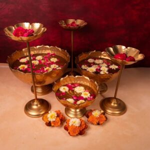 Taj Hammered Iron Urli Candle Stand 9-Piece Set with Floating Diyas for Diwali and Christmas home decor | 9 pc urli set