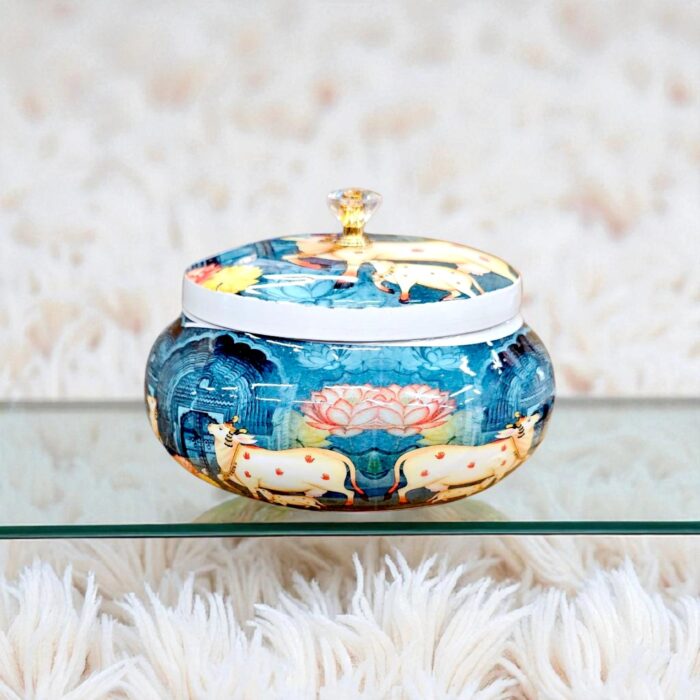Pichwai Art Metal Container with Lid - Colorful Indian Traditional Design for Home Decor