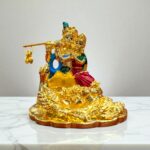 Gold plated Sitting Radha Krishna with peacock Idol