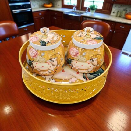 2 Container Metal Jars with Pichwai art work tray | Dry fruit serving set | Diwali Gift