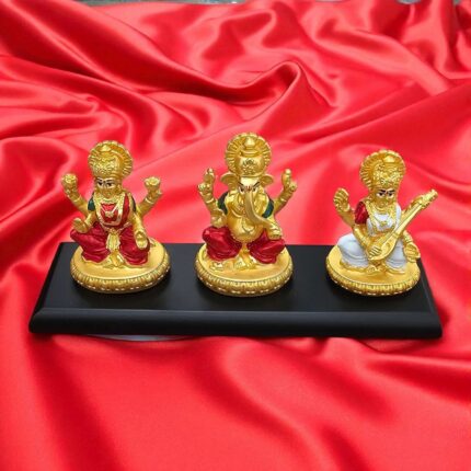 Gold Plated Lakshmi Ganesh Saraswati Idol | 3 inch Statue on a Platform