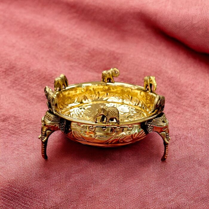 Large 7.5 inch brass urli with elephants for Diwali Decor