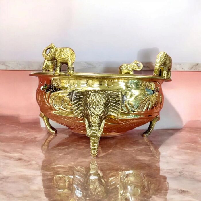 Brass urli bowl with elephant stand for Diwali Decor