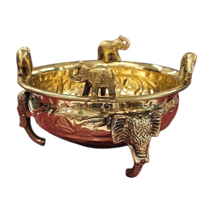 Elegant elephant stand and small idols on brass urli | Great Diwali Gift and Decor Idea
