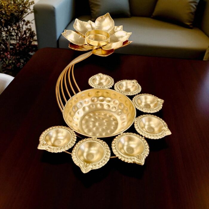 Metal Lotus Tealight Candle Holder with Urli Bowl and Diya | Urli Diya set