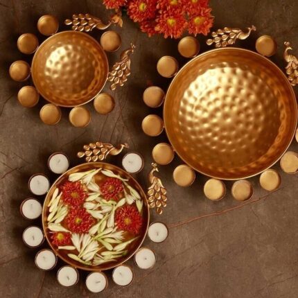 Peacock urli diya bowl set of 3 in golden finish – festive home décor Canada USA