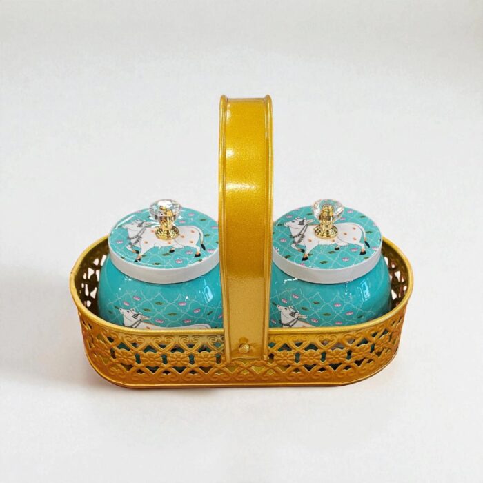 2 Container Tray set with Pichwai art work 2 Container Tray set with Pichwai art work with Cow | Dry fruit serving set | Diwali Gift