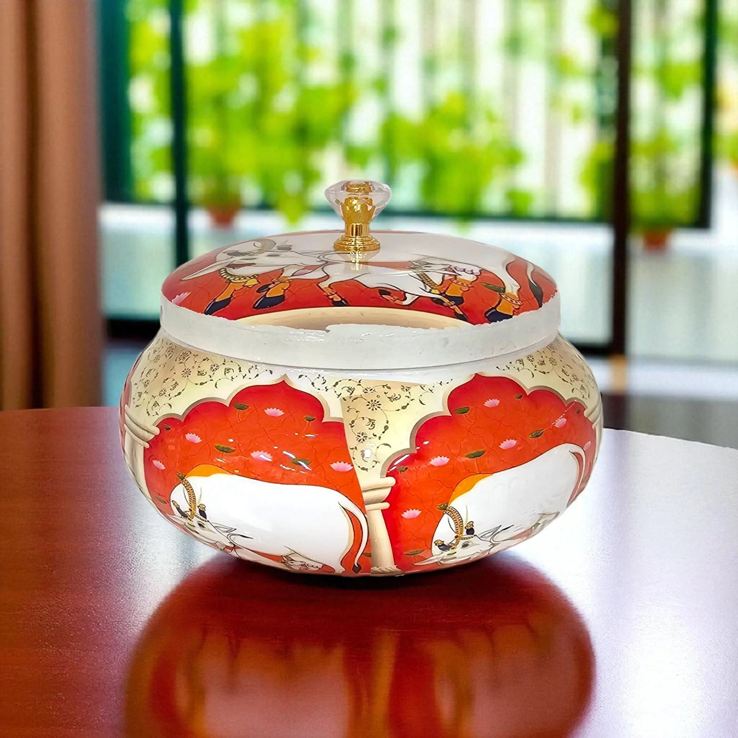 Pitchwai art metal container Pichwai Art Metal Container with Lid - Colorful Indian Traditional Design for Home Decor
