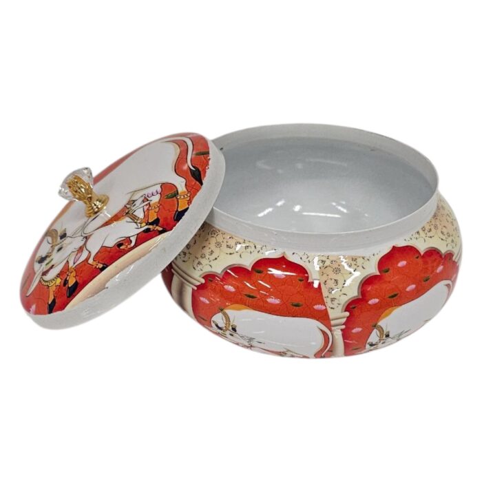 Pichwai Metal Storage Jar with Lid Removed, Showing Capacity