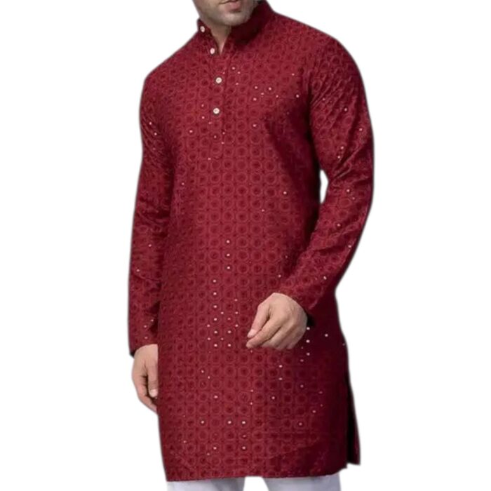 Side profile view of red men kurta