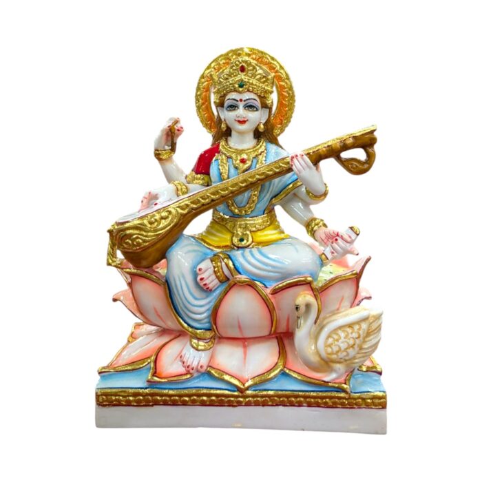Saraswati murti on a lotus with swan