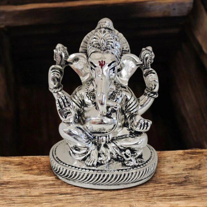 Pure Silver plated Ganesha Idol - 4 inch with silver oxidized finish