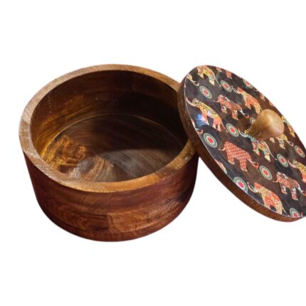 Colorful open lid of Wooden Roti Box