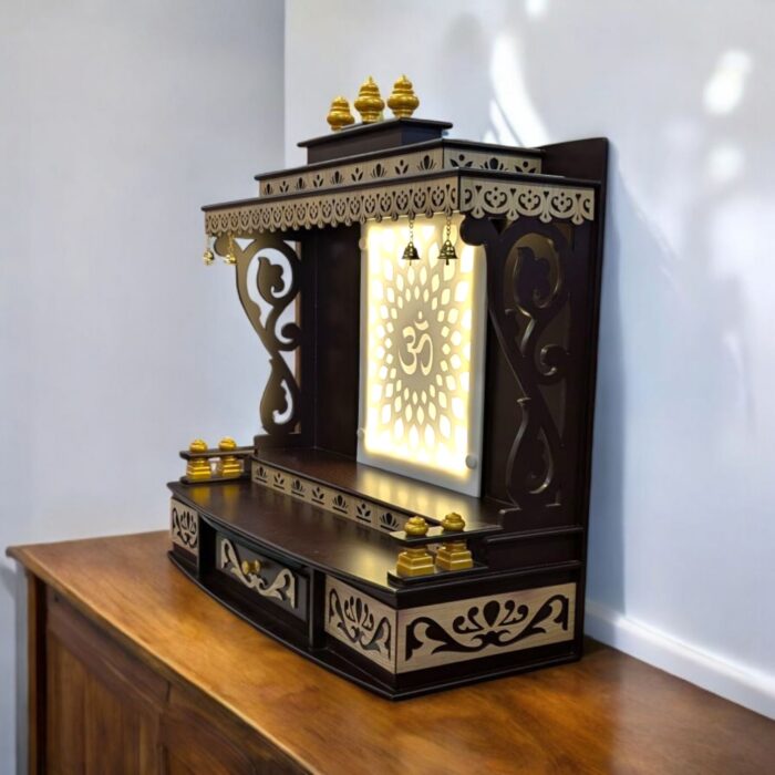 Elegant home temple with storage drawer and led powered backlit panel | Pooja Mandir