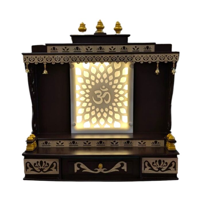 Backlit Om panel in the wooden Pooja Mandir