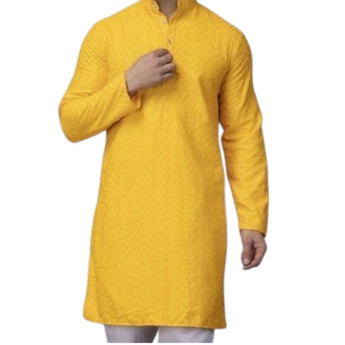 Regular fit cotton kurta in yellow color | Party wear men Kurta