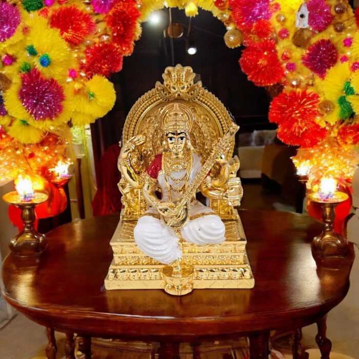 Pure gold plated Saraswati Idol | Saraswati on Throne | Great Diwali Gift and Decor