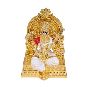 Close up of Saraswati murti on throne for your home mandir