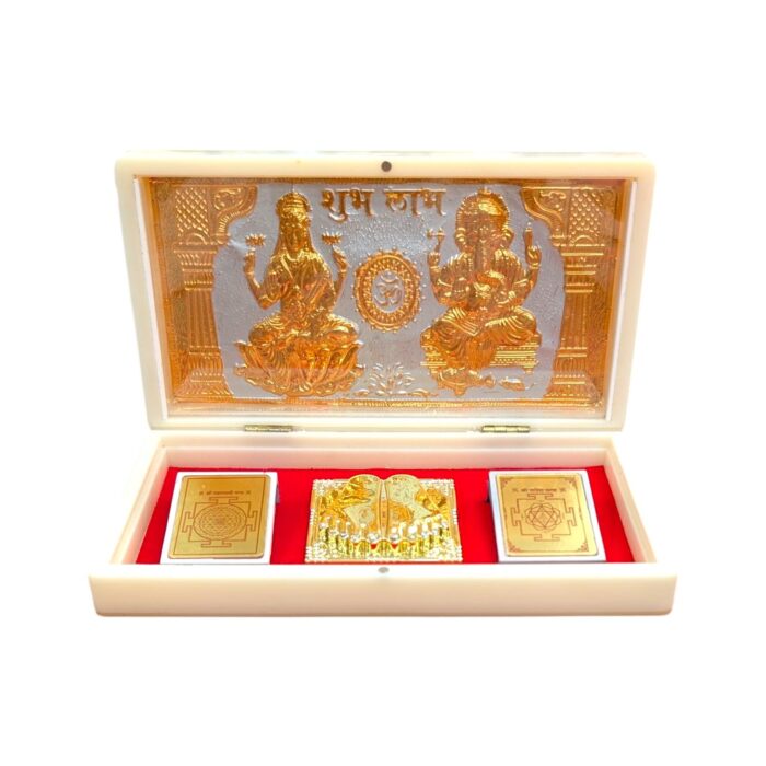 Gold Plated Divinity gift Box - Lakshmi Ganesh & Om in Two Tone - Image 1