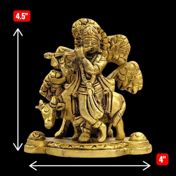 Handmade Krishna and cow brass statue for puja, 4.5 inches high and 770 grams.