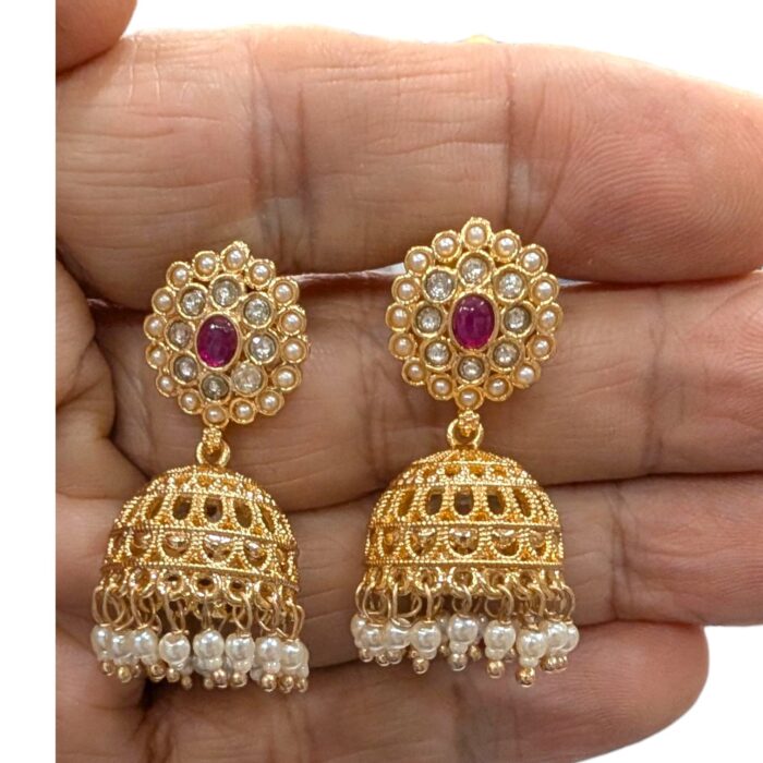 Close up of semi precious jhumki earrings
