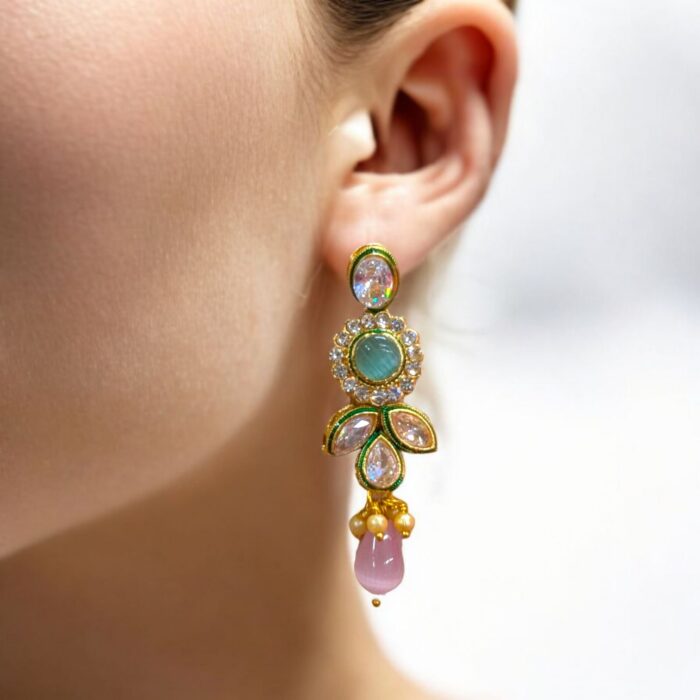 Close up of the earring with kundan and AD stone work
