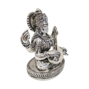 Side profile view of Silver plated Saraswati Idol with oxidized finish