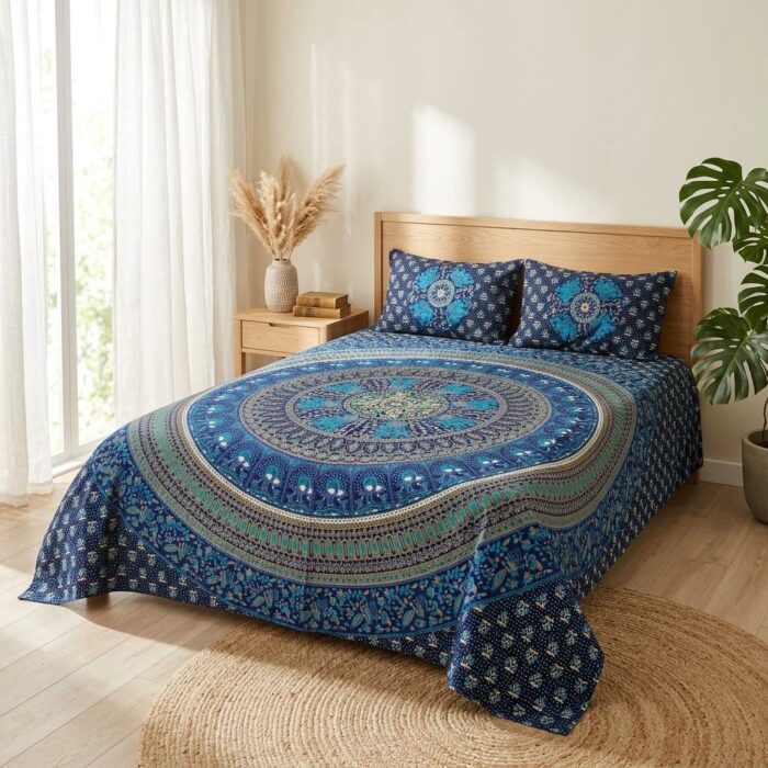 Cotton Bedsheet with 2 Pillow Covers | Blue Mandala bedding set - Image 4
