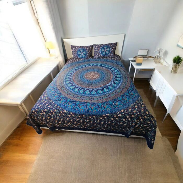 Blue Mandala with elephants bedding set | Cotton Bedsheet with 2 Pillow Covers